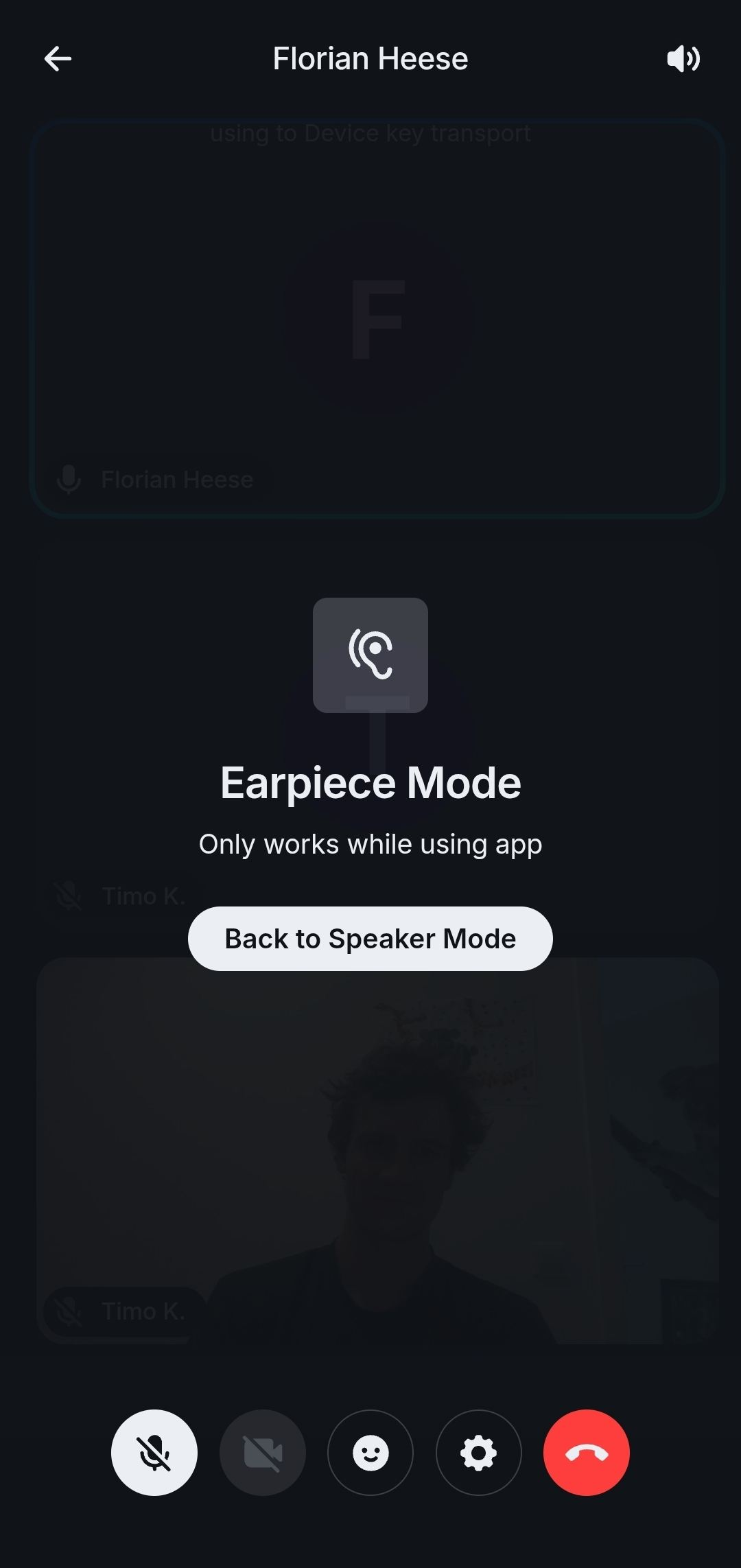 Element Call screenshot showing the new earpiece UI reading 'Earpiece Mode. Only works while using app.'. There is a button labeled 'Back to Speaker Mode'.